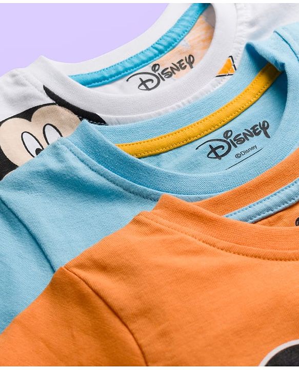 Babyhug Disney Single Jersey Knit Half Sleeves T-Shirts with Mickey Mouse Graphic Pack of 3 - Light Blue Orange & White