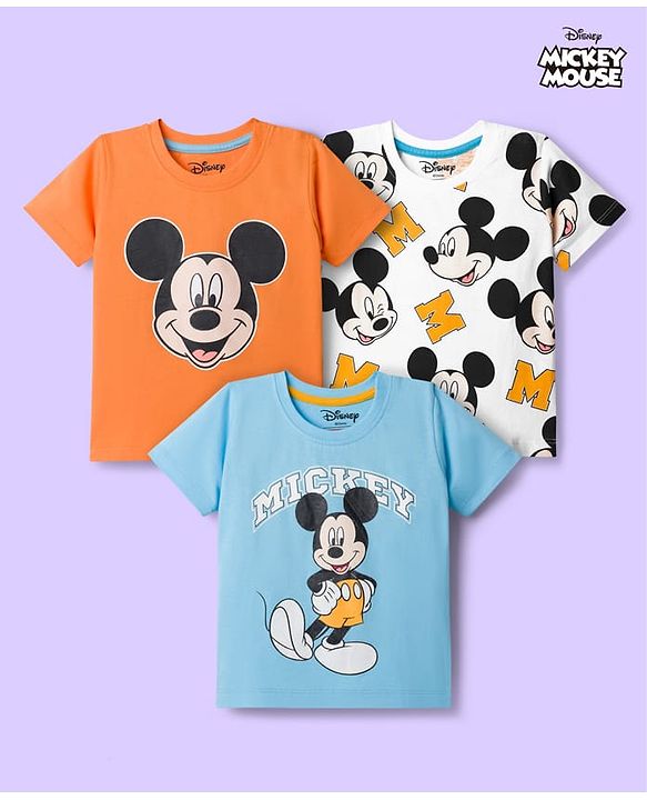 Babyhug Disney Single Jersey Knit Half Sleeves T-Shirts with Mickey Mouse Graphic Pack of 3 - Light Blue Orange & White