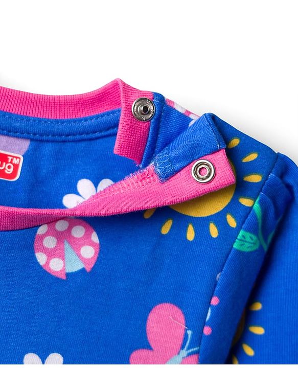 Babyhug Cotton Knit Full Sleeves Co-Ord Night Suit with Floral Butterfly & Rainbow Print - Navy Blue