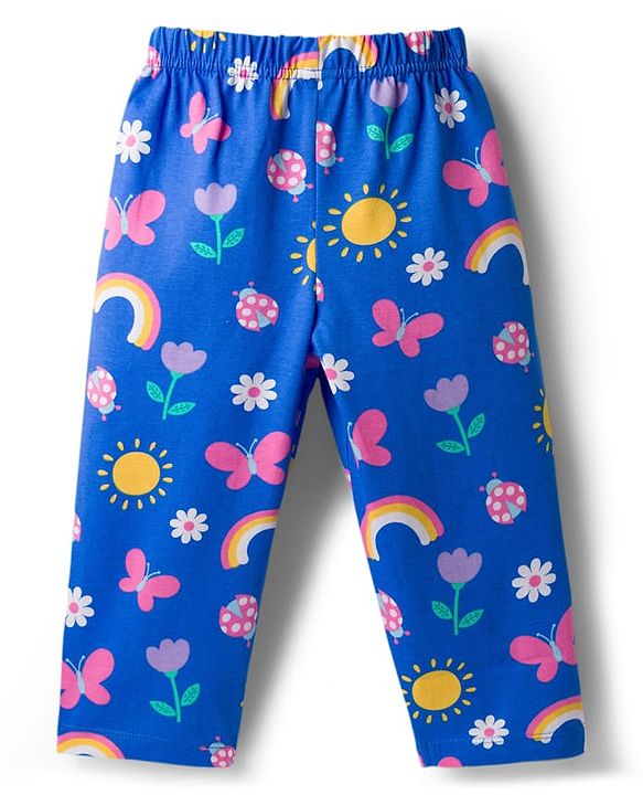 Babyhug Cotton Knit Full Sleeves Co-Ord Night Suit with Floral Butterfly & Rainbow Print - Navy Blue