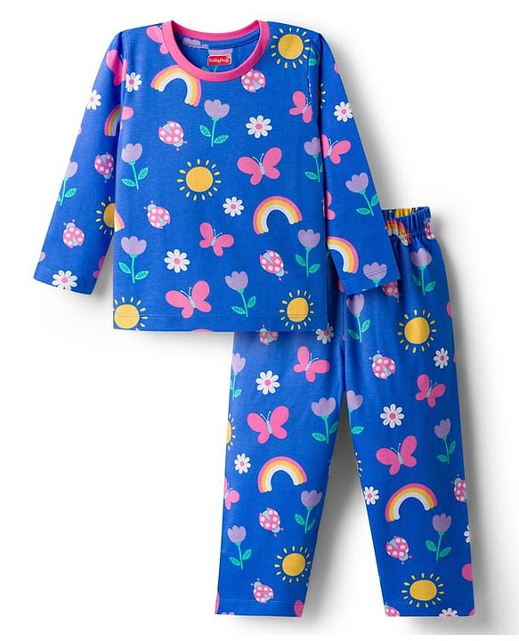 Babyhug Cotton Knit Full Sleeves Co-Ord Night Suit with Floral Butterfly & Rainbow Print - Navy Blue