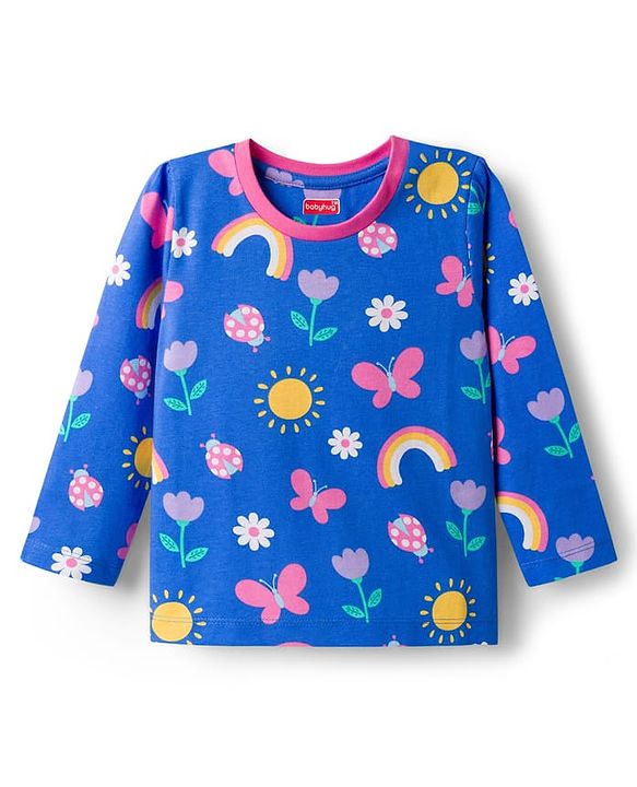 Babyhug Cotton Knit Full Sleeves Co-Ord Night Suit with Floral Butterfly & Rainbow Print - Navy Blue
