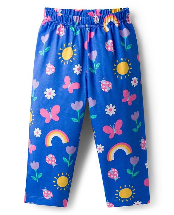 Babyhug Cotton Knit Full Sleeves Co-Ord Night Suit with Floral Butterfly & Rainbow Print - Navy Blue