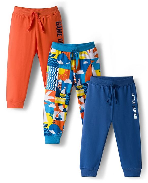Babyhug Cotton Knit Full Length Nautical Theme Printed Lounge Pants Pack Of 3 - Multicolour