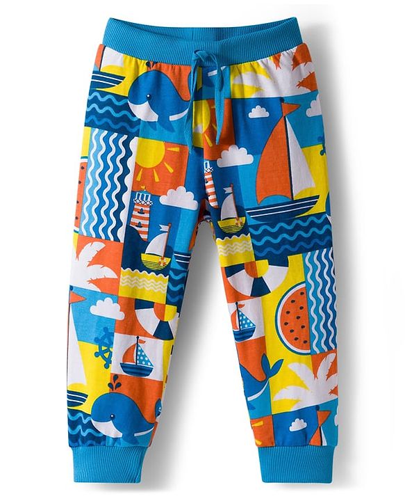 Babyhug Cotton Knit Full Length Nautical Theme Printed Lounge Pants Pack Of 3 - Multicolour