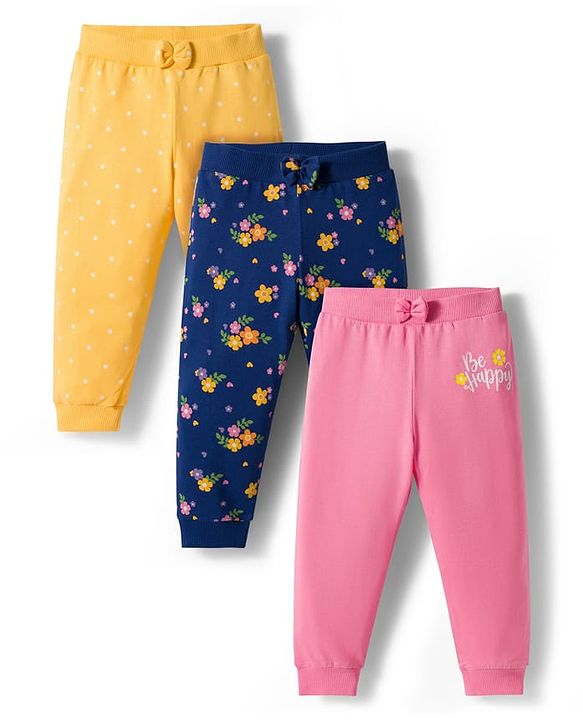 Babyhug Single Jersey Knit Full Length Lounge Pants with Floral Print & Bow Applique Pack of 3 - Multicolor