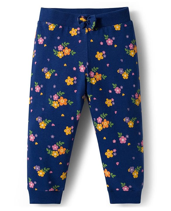 Babyhug Single Jersey Knit Full Length Lounge Pants with Floral Print & Bow Applique Pack of 3 - Multicolor