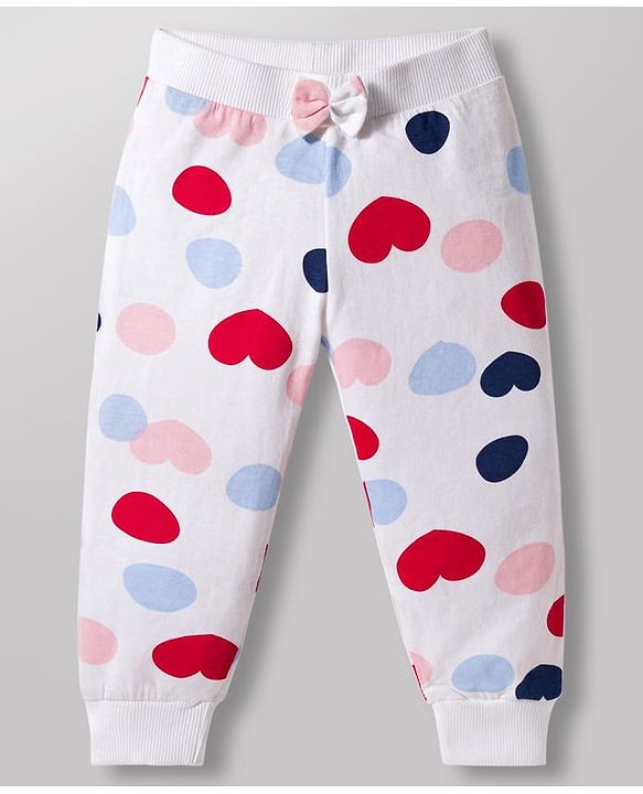 Babyhug Single Jersey Knit Full Length Lounge Pants with Heart Polka Dot Print & Bow Applique Pack of 3 - Multicolor