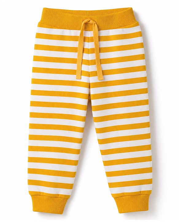 Babyhug 100% Cotton Single Jersey Knit Full Length Striped Lounge Pant with Varsity Print Pack of 3 - Navy & Yellow