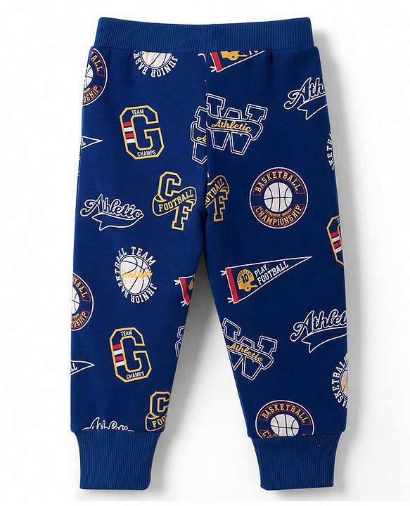 Babyhug 100% Cotton Single Jersey Knit Full Length Striped Lounge Pant with Varsity Print Pack of 3 - Navy & Yellow