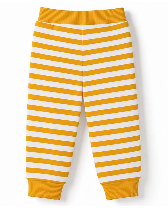 Babyhug 100% Cotton Single Jersey Knit Full Length Striped Lounge Pant with Varsity Print Pack of 3 - Navy & Yellow