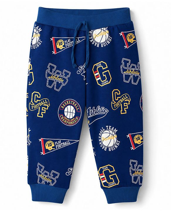 Babyhug 100% Cotton Single Jersey Knit Full Length Striped Lounge Pant with Varsity Print Pack of 3 - Navy & Yellow