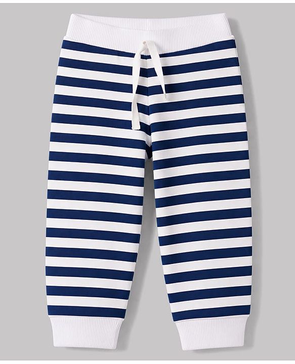 Babyhug 100% Cotton Knit Full Length Striped Tropical Theme & Text Printed Lounge Pants Pack Of 3 - Navy Blue & White