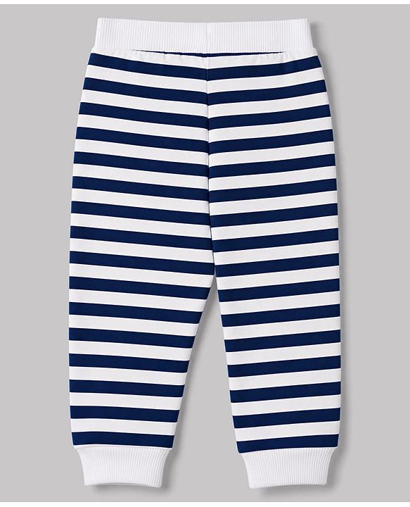 Babyhug 100% Cotton Knit Full Length Striped Tropical Theme & Text Printed Lounge Pants Pack Of 3 - Navy Blue & White