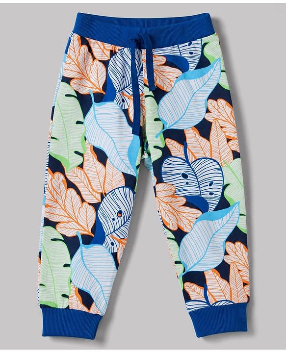 Babyhug 100% Cotton Knit Full Length Striped Tropical Theme & Text Printed Lounge Pants Pack Of 3 - Navy Blue & White