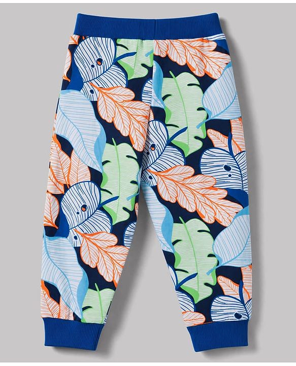 Babyhug 100% Cotton Knit Full Length Striped Tropical Theme & Text Printed Lounge Pants Pack Of 3 - Navy Blue & White