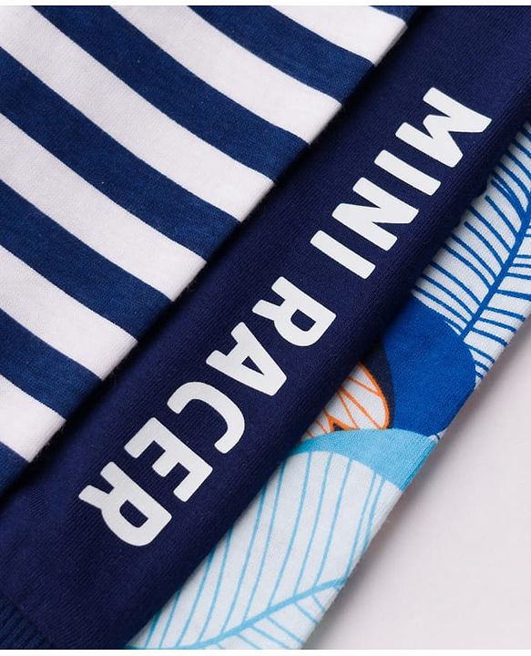 Babyhug 100% Cotton Knit Full Length Striped Tropical Theme & Text Printed Lounge Pants Pack Of 3 - Navy Blue & White
