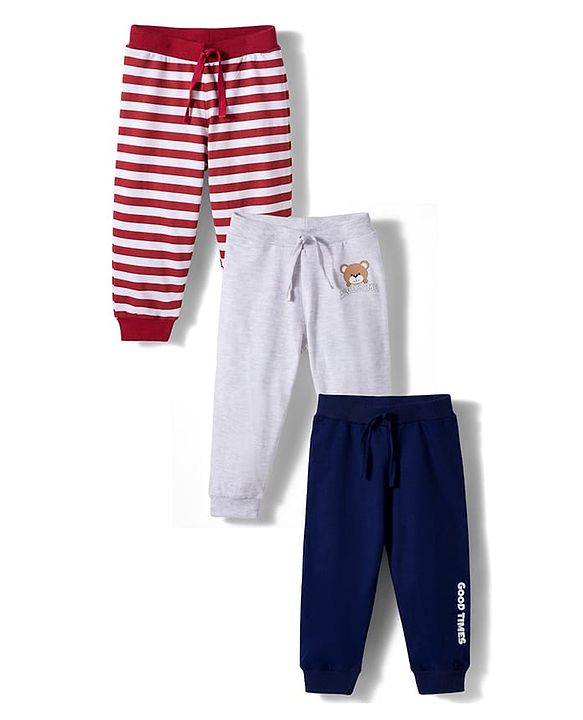 Babyhug Cotton Knit Full Length Striped & Teddy Bear Printed Lounge Pants Pack of 3 - Multicolor