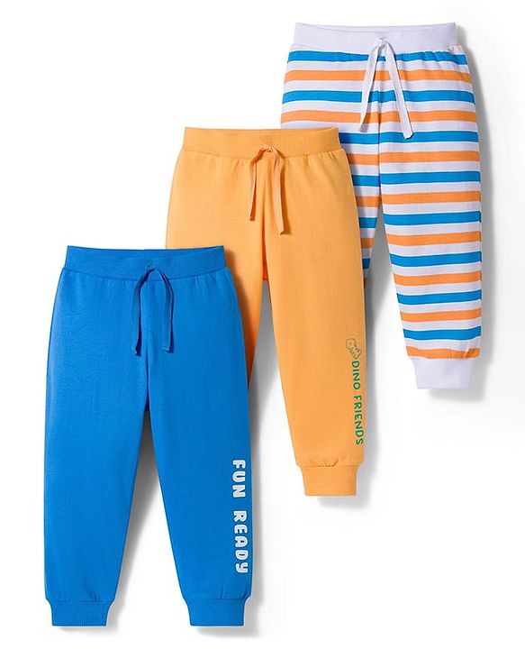 Babyhug Cotton Knit Full Length Striped & Fun Ready Printed Lounge Pants Pack of 3 - Multicolor