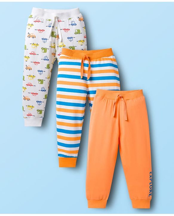 Babyhug Cotton Knit Full Length Striped & Car Printed Lounge Pants Pack of 3 - Multicolor