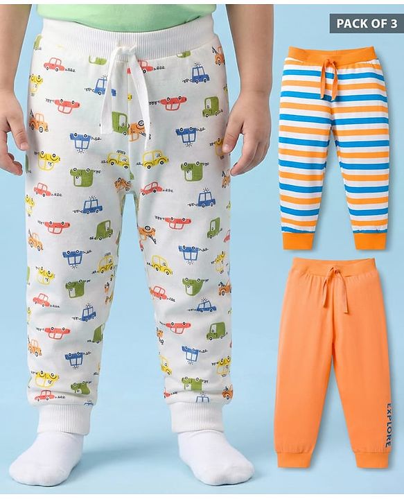 Babyhug Cotton Knit Full Length Striped & Car Printed Lounge Pants Pack of 3 - Multicolor
