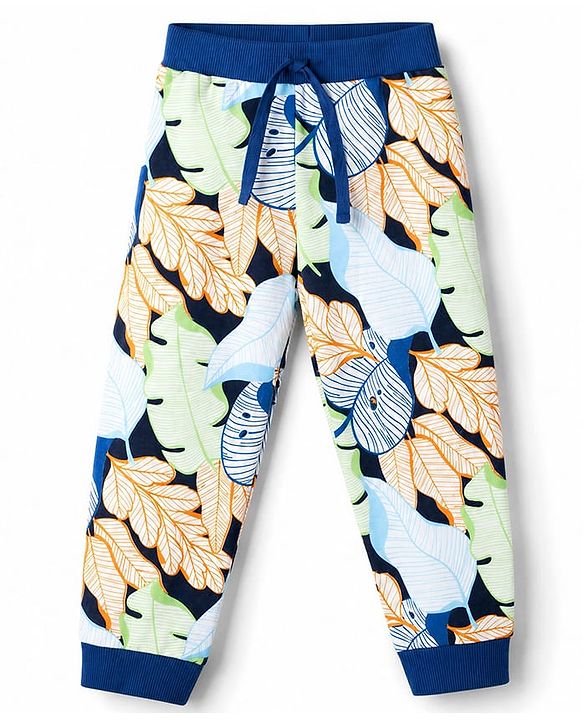 Babyhug 100% Cotton Single Jersey Knit Full Length Lounge Pant with Leafy & Varsity Print Pack of 3 - Navy & Yellow