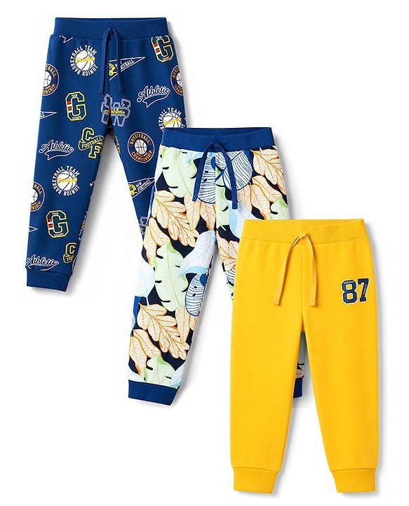 Babyhug 100% Cotton Single Jersey Knit Full Length Lounge Pant with Leafy & Varsity Print Pack of 3 - Navy & Yellow