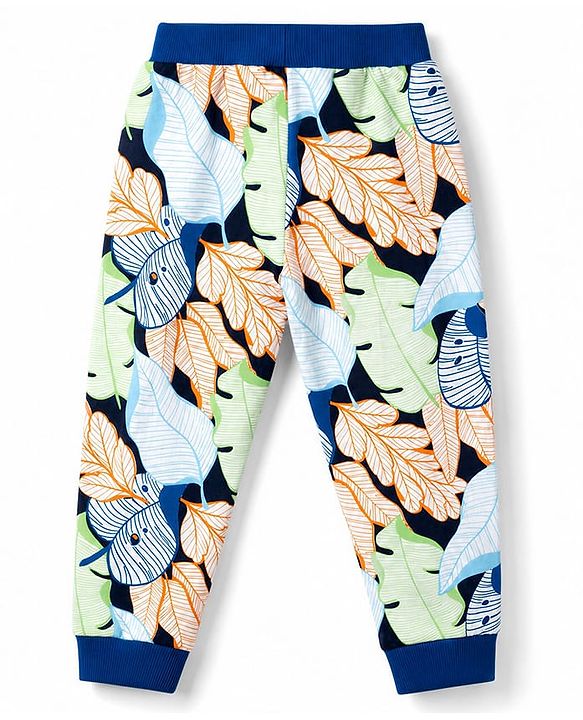 Babyhug 100% Cotton Single Jersey Knit Full Length Lounge Pant with Leafy & Varsity Print Pack of 3 - Navy & Yellow
