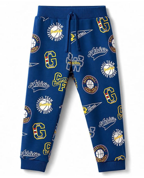 Babyhug 100% Cotton Single Jersey Knit Full Length Lounge Pant with Leafy & Varsity Print Pack of 3 - Navy & Yellow