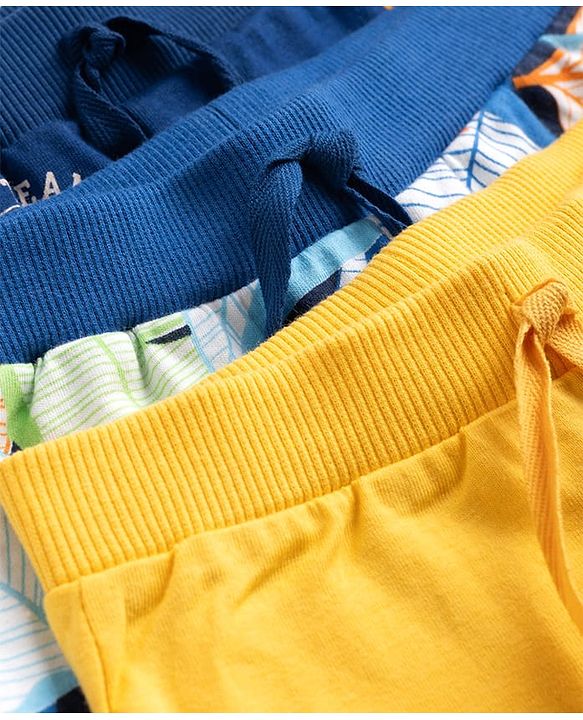 Babyhug 100% Cotton Single Jersey Knit Full Length Lounge Pant with Leafy & Varsity Print Pack of 3 - Navy & Yellow