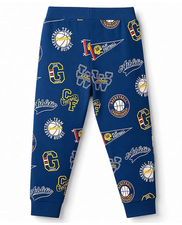 Babyhug 100% Cotton Single Jersey Knit Full Length Lounge Pant with Leafy & Varsity Print Pack of 3 - Navy & Yellow