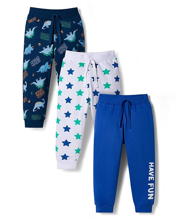 Babyhug Cotton Jersey Knit Full Length Lounge Pants with Dino & Star Print Pack of 3 - Multicolor