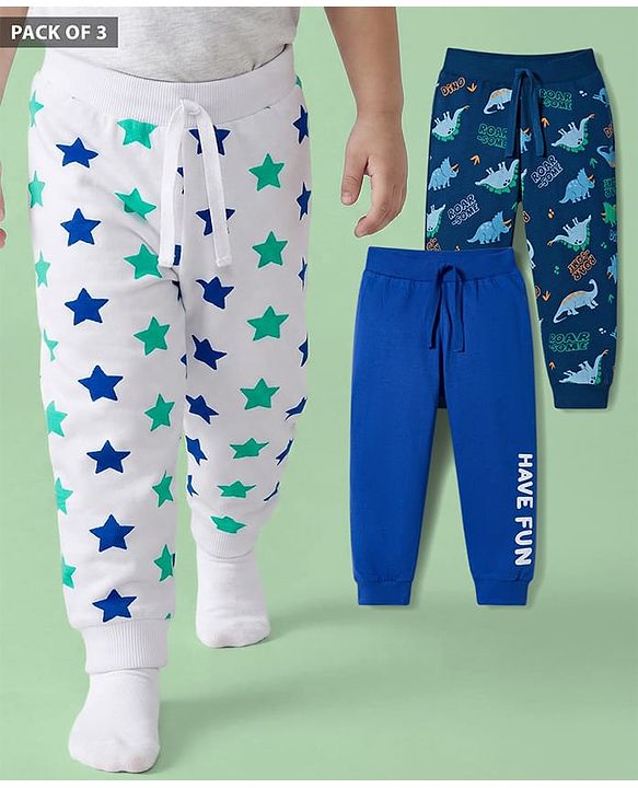 Babyhug Cotton Jersey Knit Full Length Lounge Pants with Dino & Star Print Pack of 3 - Multicolor