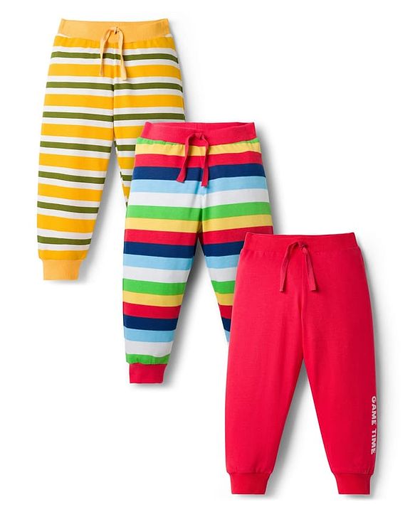 Babyhug Single Jersey Cotton Knit Full Length Striped Lounge Pants Pack Of 3 -Multicolour
