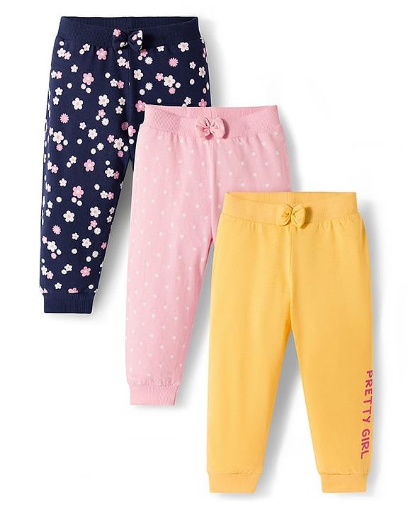Babyhug Cotton Single Jersey Knit Full Length Lounge Pants with Polka Dotted Floral & Pretty Girl Print Pack of 3 - Yellow Pink & Navy Blue