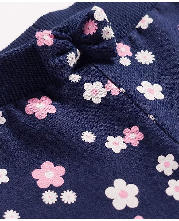 Babyhug Cotton Single Jersey Knit Full Length Lounge Pants with Polka Dotted Floral & Pretty Girl Print Pack of 3 - Yellow Pink & Navy Blue