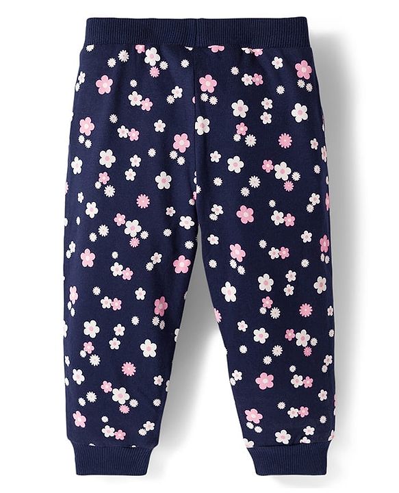 Babyhug Cotton Single Jersey Knit Full Length Lounge Pants with Polka Dotted Floral & Pretty Girl Print Pack of 3 - Yellow Pink & Navy Blue