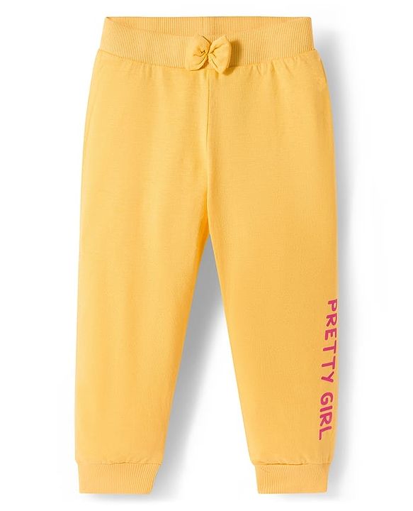 Babyhug Cotton Single Jersey Knit Full Length Lounge Pants with Polka Dotted Floral & Pretty Girl Print Pack of 3 - Yellow Pink & Navy Blue
