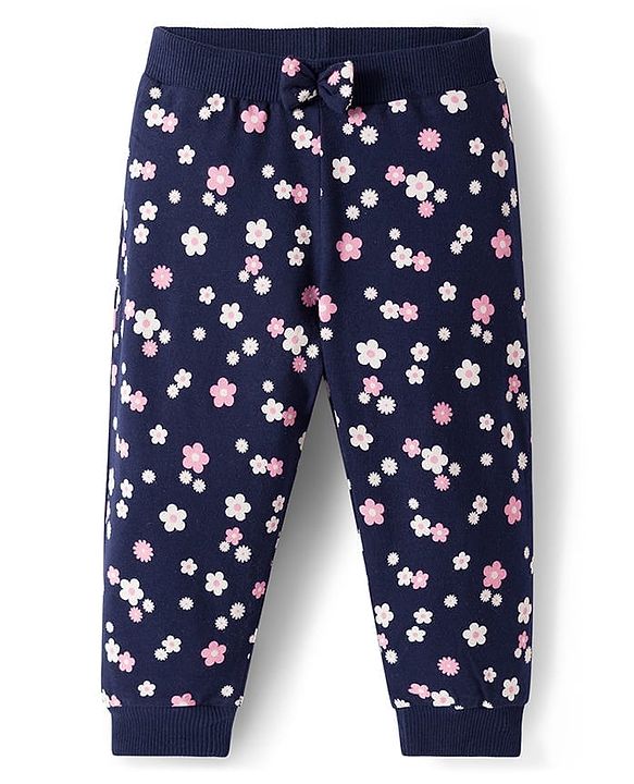 Babyhug Cotton Single Jersey Knit Full Length Lounge Pants with Polka Dotted Floral & Pretty Girl Print Pack of 3 - Yellow Pink & Navy Blue