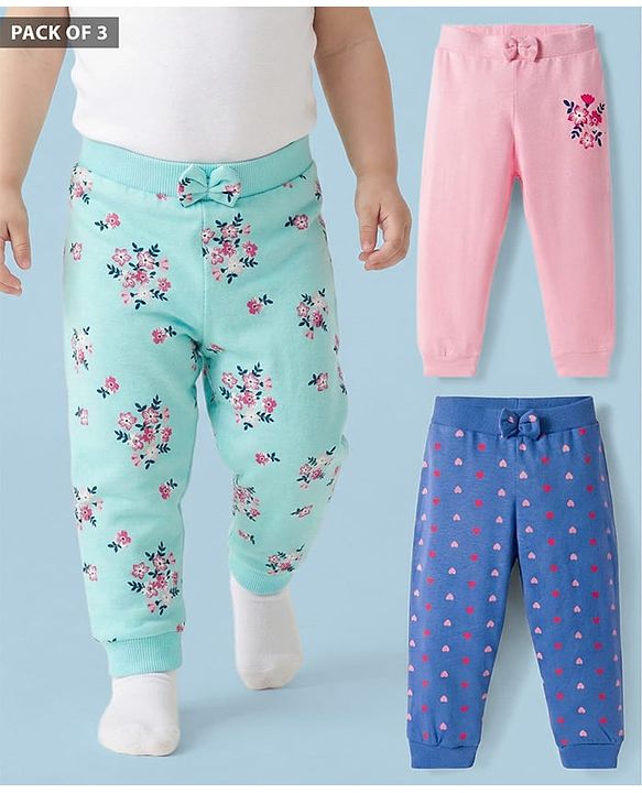 Babyhug Cotton Single Jersey Knit Full Length Lounge Pants with Hearts & Floral Print Pack of 3 - Blue Sea Green & Pink