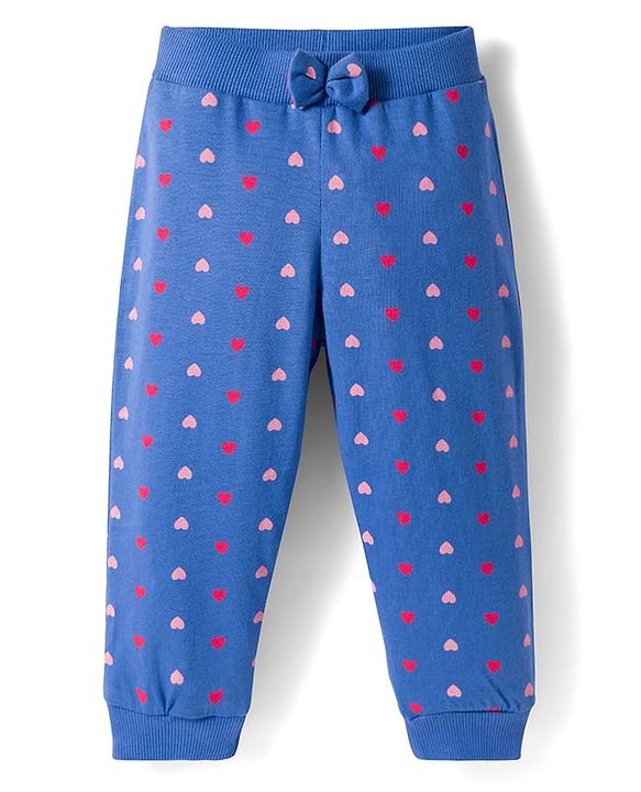 Babyhug Cotton Single Jersey Knit Full Length Lounge Pants with Hearts & Floral Print Pack of 3 - Blue Sea Green & Pink