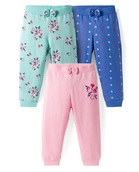 Babyhug Cotton Single Jersey Knit Full Length Lounge Pants with Hearts & Floral Print Pack of 3 - Blue Sea Green & Pink