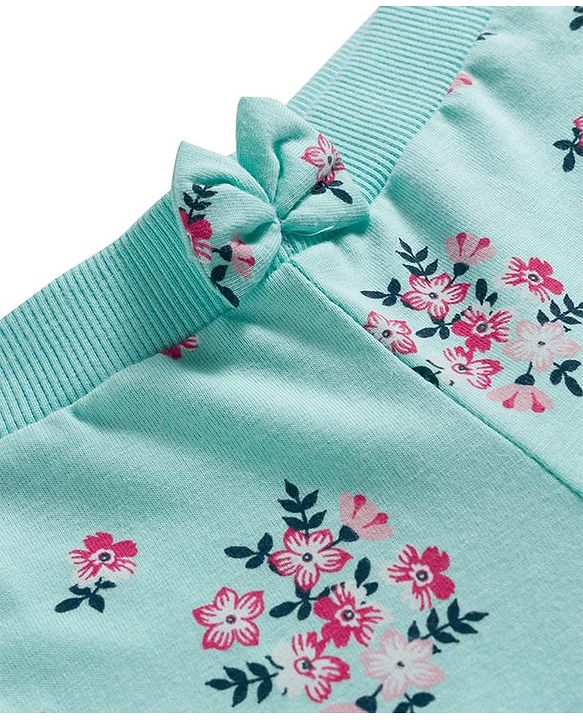 Babyhug Cotton Single Jersey Knit Full Length Lounge Pants with Hearts & Floral Print Pack of 3 - Blue Sea Green & Pink