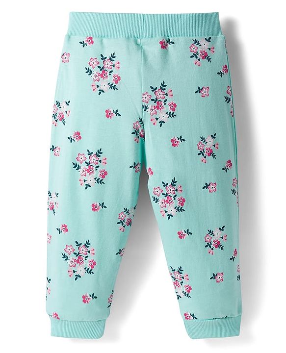 Babyhug Cotton Single Jersey Knit Full Length Lounge Pants with Hearts & Floral Print Pack of 3 - Blue Sea Green & Pink