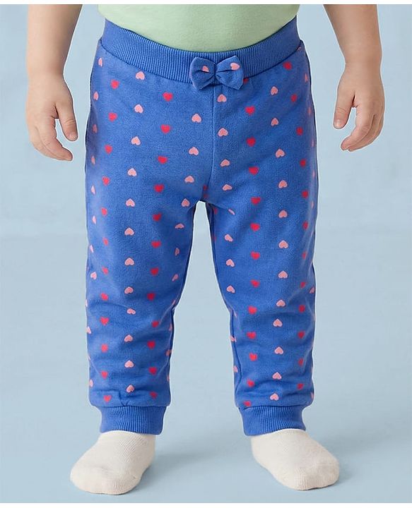 Babyhug Cotton Single Jersey Knit Full Length Lounge Pants with Hearts & Floral Print Pack of 3 - Blue Sea Green & Pink