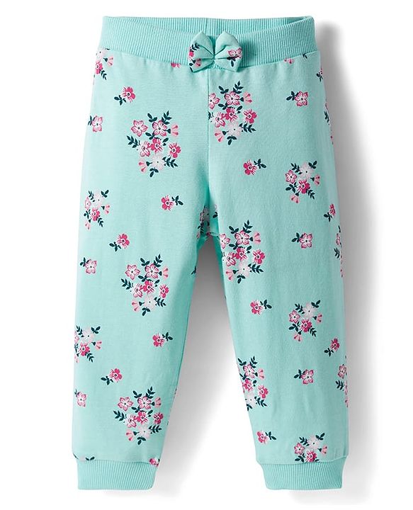 Babyhug Cotton Single Jersey Knit Full Length Lounge Pants with Hearts & Floral Print Pack of 3 - Blue Sea Green & Pink