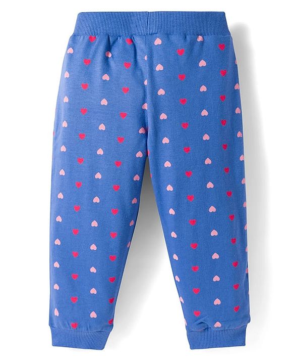 Babyhug Cotton Single Jersey Knit Full Length Lounge Pants with Hearts & Floral Print Pack of 3 - Blue Sea Green & Pink