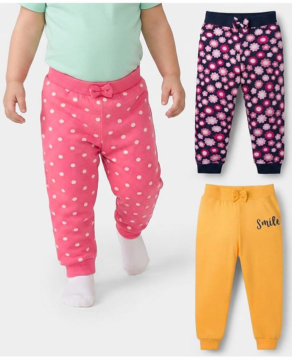 Babyhug Single Jersey Knit Full Length Lounge Pants With Floral & Polka Dot Print Pack of 3 - Multicolor