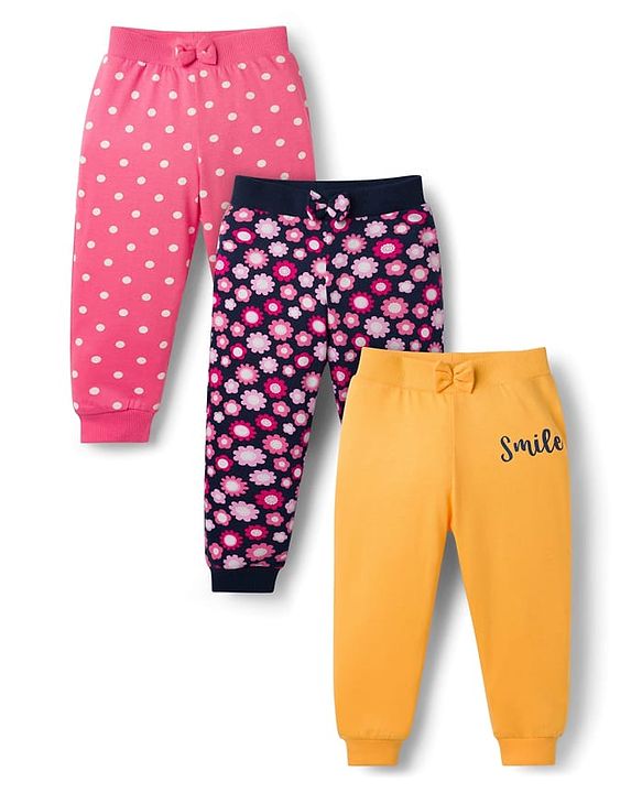Babyhug Single Jersey Knit Full Length Lounge Pants With Floral & Polka Dot Print Pack of 3 - Multicolor
