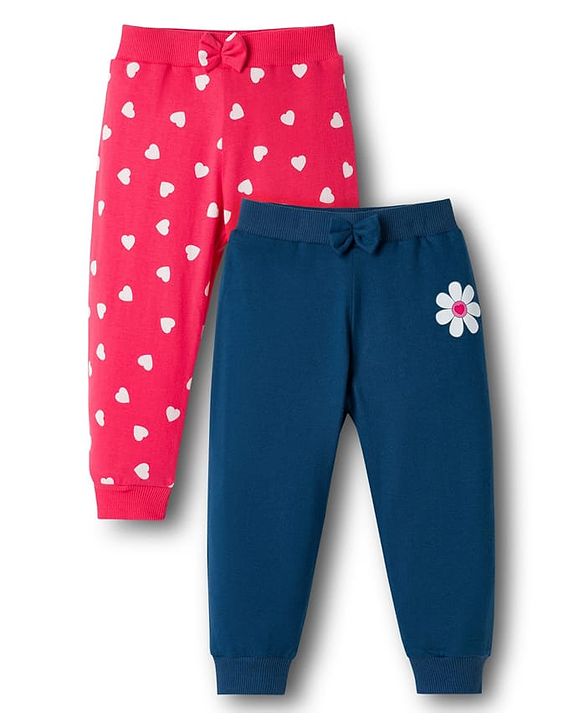 Babyhug Cotton Knit Full Length Heart & Floral Printed Lounge Pants With Bow Applique Pack of 2 - Multicolor
